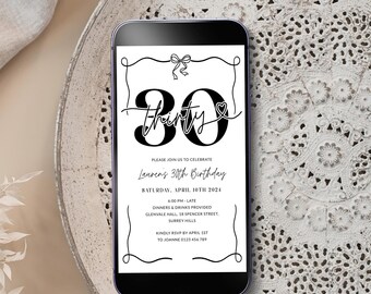 Minimalist Black White Party 30th Birthday Digital Invitation Women, Hand Drawn Bow 30 Phone Invite for Her, Editable Thirty, Corjl PP88