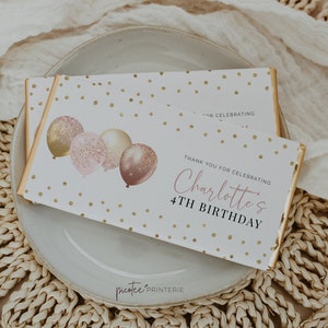 Pink & Rose Gold Balloon Chocolate Bar Wrapper Party Favor, Candy Wrapper, Thank You, Editable Printable Instant, Corjl PP029