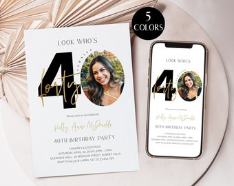 40th Birthday Invites For Women with Photo, 40th Birthday Party Invitations for Her, Editable Forty Evite Digital, Women's 40th, Corjl PP67