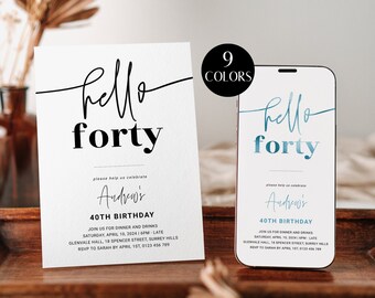 40th Birthday Party Invitation for Him, Hello Forty Invitation Template, Mens 40th Birthday Invite Printable, Editable, Digital, Corjl PP66