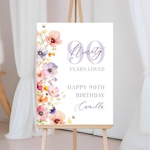 90 Years Loved Birthday Welcome Sign Women, Wildflower Floral 90th Party Welcome Poster For Her, Flowers Editable Ninety Template Corjl PP73
