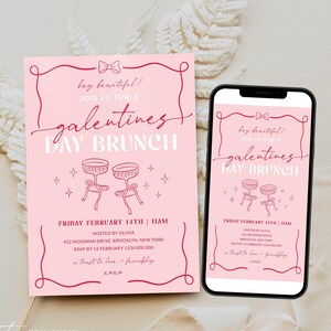 Galentine&#39;s Day Brunch Invitation Template, Modern Coquette Girls Valentine&#39;s Party Invite Printable, Editable Hand Drawn, Corjl PP95