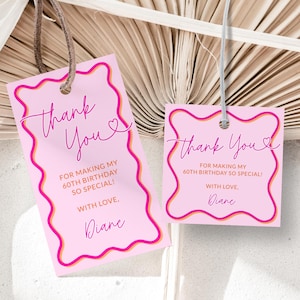 Wavy Thank You Birthday Gift Tag Printable, Scallop Printable Party Favor Luggage Tags, Editable Happy Birthday Label Template, Corjl PP84