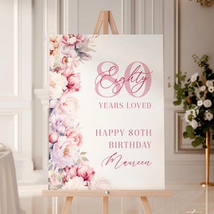 80 Years Loved Birthday Welcome Sign Pink Floral Women, Flowers 80th Party Welcome Poster For Her, Editable Eight Template, Corjl PP89