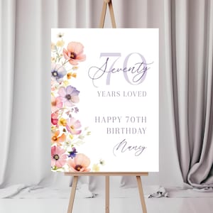 70 Years Loved Birthday Welcome Sign Women, Wildflower Floral 70th Party Welcome Poster For Her, Flower Editable Seventy Template Corjl PP73