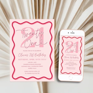 May include: Pink and red printable invitation for a 21st birthday party. The invitation features the text "Twenty One" with a heart symbol and details for the party, including the date, time, location, and RSVP information.