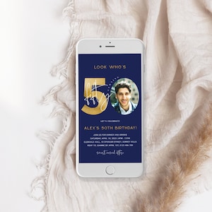 Navy Blue and Gold evite Birthday 50th, Men Digital 50th Invite with Photo, evite Birthday for Man, Electronic Invite, Editable, Corjl PP39