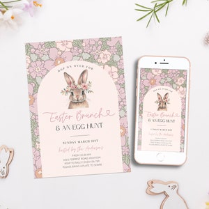 Pink Arch Easter Egg Hunt Brunch Invite, Floral Spring Easter Celebration Invitation Printable, Easter Bunny, Editable Digital, Corjl PP82