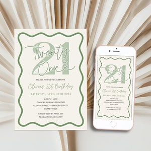 Peut inclure: Une invitation num&eacute;rique pour une f&ecirc;te de 21e anniversaire. L'invitation est de couleur beige clair avec du texte vert et un c&oelig;ur vert. Le texte dit "Twenty One" et comprend la date, l'heure, le lieu et les informations de RSVP.