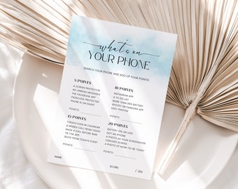 What's On Your Phone Baby Shower Game, Printable What's In Your Phone Quiz, Blue Baby Shower Boy, Cell Phone Activity, Fun, Corjl PP65