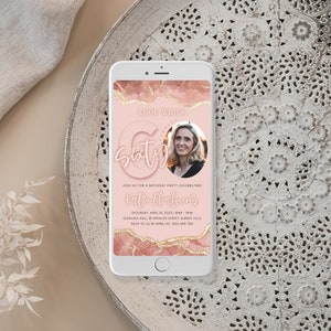 Editable 60th Birthday Invitation Women, Luxury Rose Gold Digital Invite with Photo, Women’s 60th evite with Picture, Blush Pink, Corjl PP46