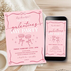 Modern Galentine&#39;s Day Party Invitation Template, Coquette Girls Valentine&#39;s Day Invite Printable, Editable Whimsical Hand Drawn, Corjl PP95