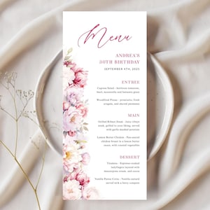 Pink Floral Dinner Menu Card Printable Template, Modern Flowers Editable Birthday Menus, Simple Lunch Menu, Instant Download, Corjl PP89