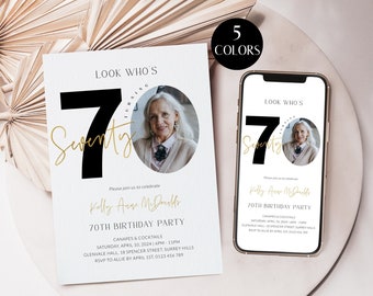 70th Birthday Invites For Women with Photo, 70th Birthday Party Invitations for Her, Editable Seventy Evite Digital, Women's 70th Corjl PP67