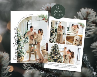 May include: Christmas card design featuring a family portrait with a decorated Christmas tree. The card includes the text "Merry Christmas" and "The McDonald's | 2024". The back design shows 9 different family photos. The card also includes the text "Sending you heartfelt wishes for a wonderful holiday season and a prosperous new year ahead! Love Sam, Emily & Phoenix."