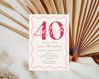May include: A pink and white birthday invitation with the number 40 in a pink heart design. The text reads "Please join us to celebrate Laurens 40th Birthday. Saturday, April 10th 2024. 6:00 PM - Late. Dinners & drinks provided. Glenvale Hall, 18 Spencer Street, Surrey Hills. Kindly RSVP by April 1st to Joanne 0123 456 789."