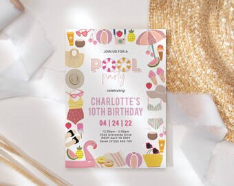 Pool Party Invitation 10th tenth Birthday, Editable Template, Swimming Summer Party, Printable Instant Download, Swim, Girls Pink Corjl PP30