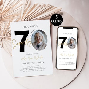 70th Birthday Invites For Women with Photo, 70th Birthday Party Invitations for Her, Editable Seventy Evite Digital, Women&#39;s 70th Corjl PP67
