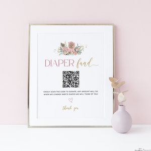 Baby Shower QR Code Diaper Fund Sign, Printable Cash Gift Sign, Venmo Payment, Boho Teddy Bear, Pink Girl, Bearly Wait, Download, Corjl PP53