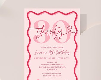 Pink Coral Wavy Border 30th Birthday Invitation Women, Scalloped 30th Party Invite for Her Printable, Editable Thirty Digital, Corjl PP84