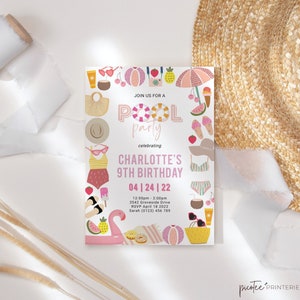 Pool Party Invitation 9th ninth Birthday, Editable Template, Swimming Summer Party, Printable Instant Download, Swim, Girls Pink, Corjl PP30
