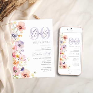 Floral 90 Years Loved Birthday Invitation Template, Wildflower 90th Birthday Invitation Women, Elegant 90th Invite, Ninety, Corjl PP73