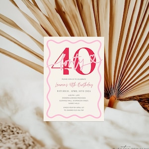 May include: A pink and white birthday invitation with the number 40 in a pink heart design. The text reads "Please join us to celebrate Laurens 40th Birthday. Saturday, April 10th 2024. 6:00 PM - Late. Dinners & drinks provided. Glenvale Hall, 18 Spencer Street, Surrey Hills. Kindly RSVP by April 1st to Joanne 0123 456 789."