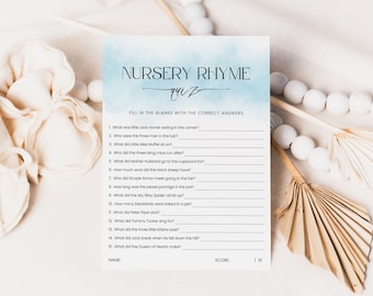 Nursery Rhyme Quiz Baby Shower Game, Minimalist Nursery Rhymes Game, Boy Baby Shower Blue, Printable Game, Editable Activity, Corjl PP50