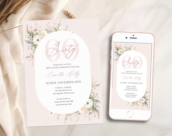 Floral 60th Birthday Invitation Template Women, Pink Flowers 60th Birthday Digital Invite for Her, Elegant 60th Party, Sixty, Corjl PP91