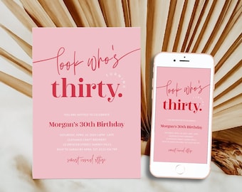 Pink and Red 30th Birthday Invitation Template, Modern Women's 30th Party Invite for Her Printable, Editable Thirty Digital, Corjl PP85