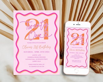 Pink Orange Wavy 21st Birthday Invitation For Her, Scalloped Girls 21st Party Digital Invite, Wavy Border Twenty One Editable, Corjl PP84