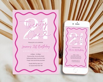Pink Wavy 21st Birthday Invitation For Her, Scalloped 21st Party Invite, Wavy Border Twenty One, Editable 21st Women Digital, Corjl PP84