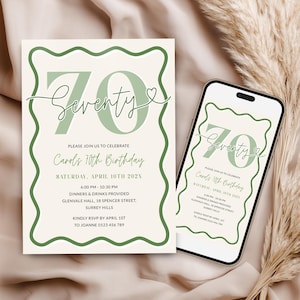 May include: A 70th birthday invitation with a sage green wavy border and text. The invitation reads "Seventy" in a script font, with details for Carol's 70th birthday. A smartphone displays the same invitation.