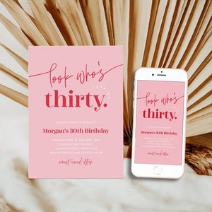 Pink and Red 30th Birthday Invitation Template, Modern Women&#39;s 30th Party Invite for Her Printable, Editable Thirty Digital, Corjl PP85