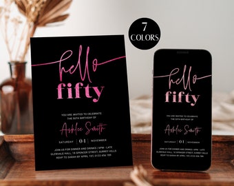 50th Birthday Party Invitation For Her, Printable Women 50th Birthday Invite, Hello Fifty Editable Template Woman, Black Pink, Corjl PP66