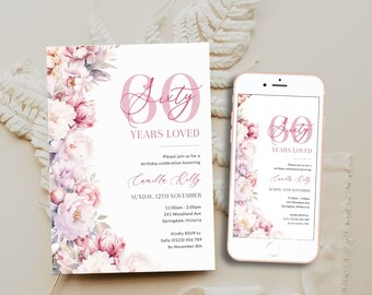 Floral 60 Years Loved Birthday Invitation Template, Pink 60th Birthday Invitation For Women, Elegant 60th Invite for Her, Sixty, Corjl PP89