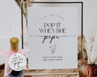 Pop It When She Pops, Baby Shower Favors For Guests Gender Neutral, Minimalist Pop It When She Pops Tags, Printable Champagne Tag Corjl PP50