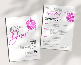 Last Disco Bachelorette Invitation Template, Last Disco Itinerary Digital, Bach Weekend Itinerary Invite, Disco Ball, Retro, 70s, Corjl PP61