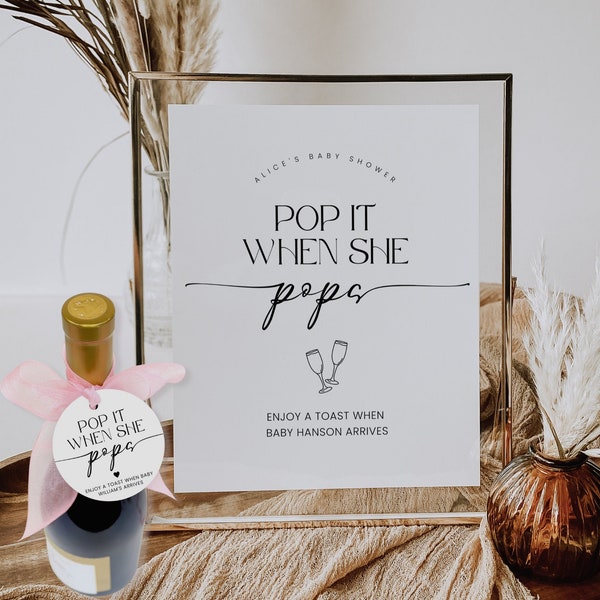 Pop It When She Pops, Baby Shower Favors For Guests Gender Neutral, Minimalist Pop It When She Pops Tags, Printable Champagne Tag Corjl PP50