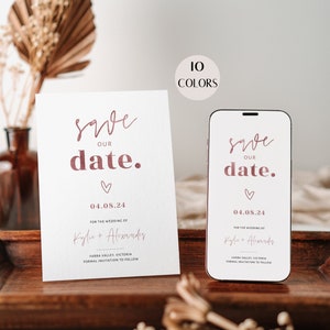 Roségoldene Save-The-Date-Vorlage, minimalistischer Hochzeits-Save-The-Date-Download, druckbare Save-Our-Date-Einladung, Save-The-Date-Karten, Corjl PP60