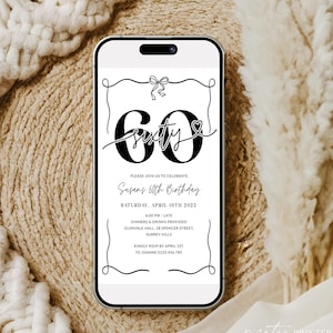 Digital Black White Party 60th Birthday Invitation Women, Minimalist Phone Invite Hand Drawn Bow 60 Party for Her, Editable Sixty Corjl PP88