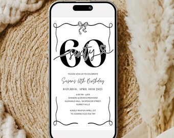 Digital Black White Party 60th Birthday Invitation Women, Minimalist Phone Invite Hand Drawn Bow 60 Party for Her, Editable Sixty Corjl PP88