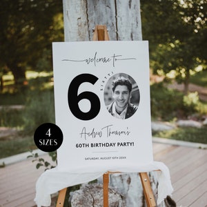Modern 60th Birthday Welcome Sign with Photo, Men&#39;s Birthday Party Welcome Poster, Editable Welcome Board for Him, Sixty Decor, Corjl PP39