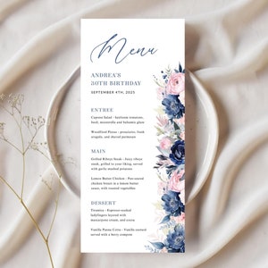 Navy And Pink Floral Menu Printable Template, Modern Blue Flowers Birthday Dinner Lunch Menu Card, Editable Instant Download, Corjl PP90