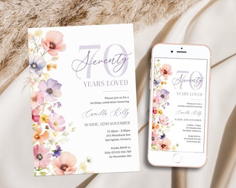 Floral 70 Years Loved Birthday Invitation Template, Wildflower 70th Birthday Invitation Women, Elegant Invite for Her Seventy, Corjl PP73