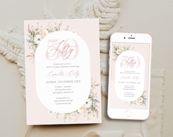 Floral 50th Birthday Invitation Template Women, Pink Flowers 50th Birthday Digital Invite for Her, Elegant 50th Party, Fifty, Corjl PP91