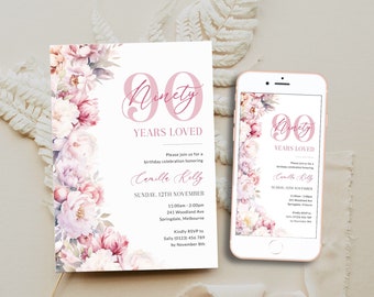 Floral 90 Years Loved Birthday Invitation Template, Pink 90th Birthday Invitation For Women, Elegant 90th Invite for Her, Ninety, Corjl PP89