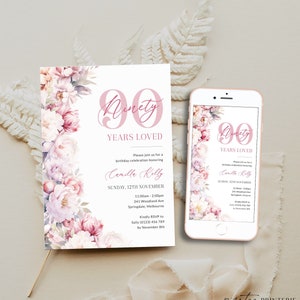 Floral 90 Years Loved Birthday Invitation Template, Pink 90th Birthday Invitation For Women, Elegant 90th Invite for Her, Ninety, Corjl PP89