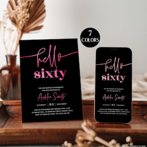 60th Birthday Party Invitation For Her, Printable Women 60th Birthday Invite, Hello Sixty Editable Template Woman, Black Pink, Corjl PP66