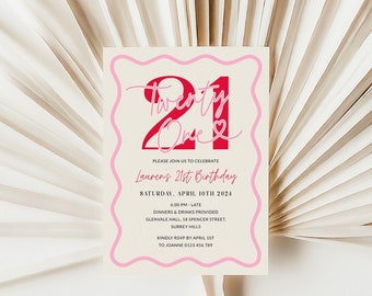 Wavy Border 21st Birthday Invitation For Her Pink, Scalloped 21st Party Invite Girl, Twenty One, Editable 21st Digital Women, Corjl PP84
